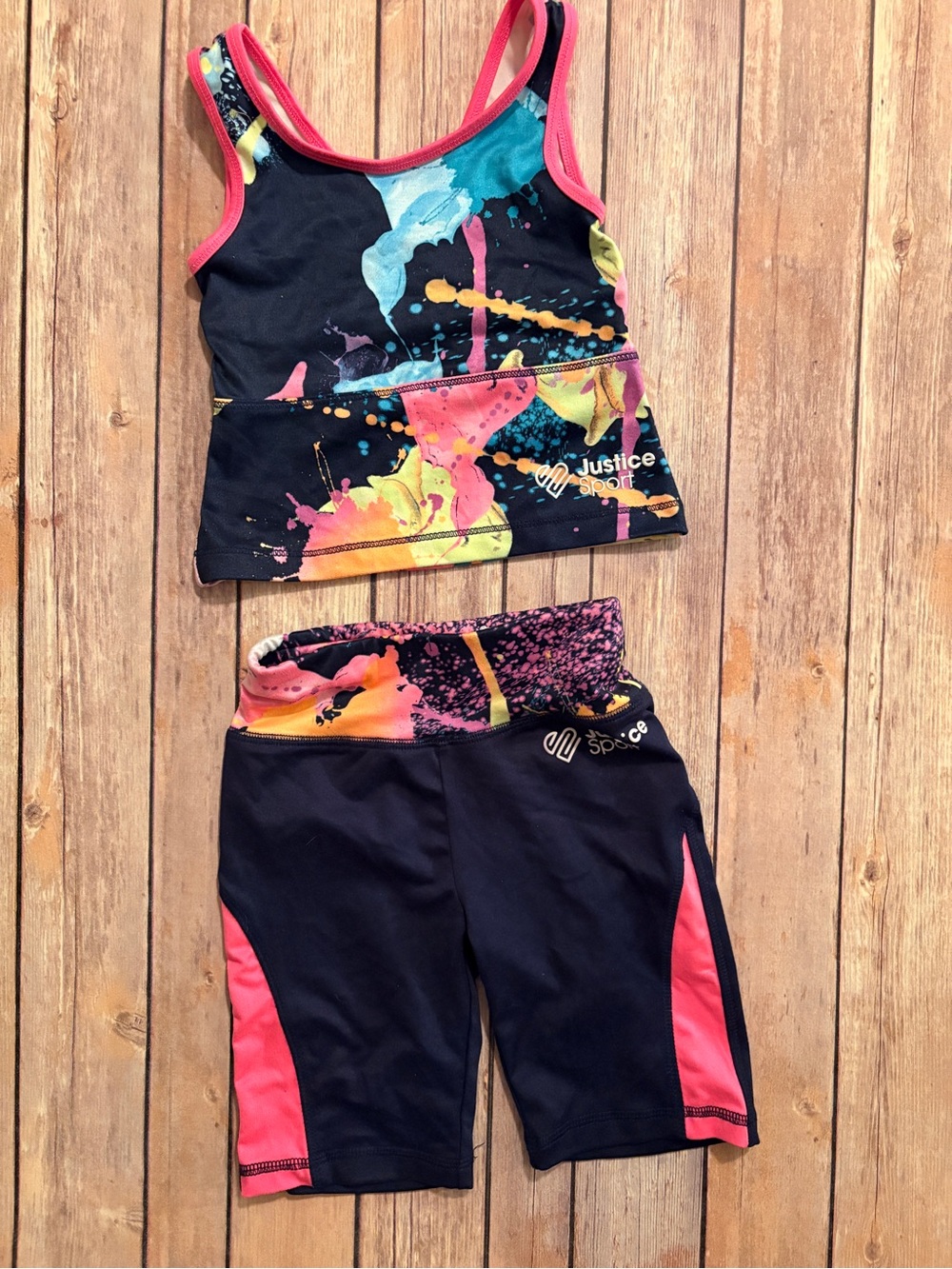 Justice Sports Tank & Bike Shorts Set - Neon Paint Splash